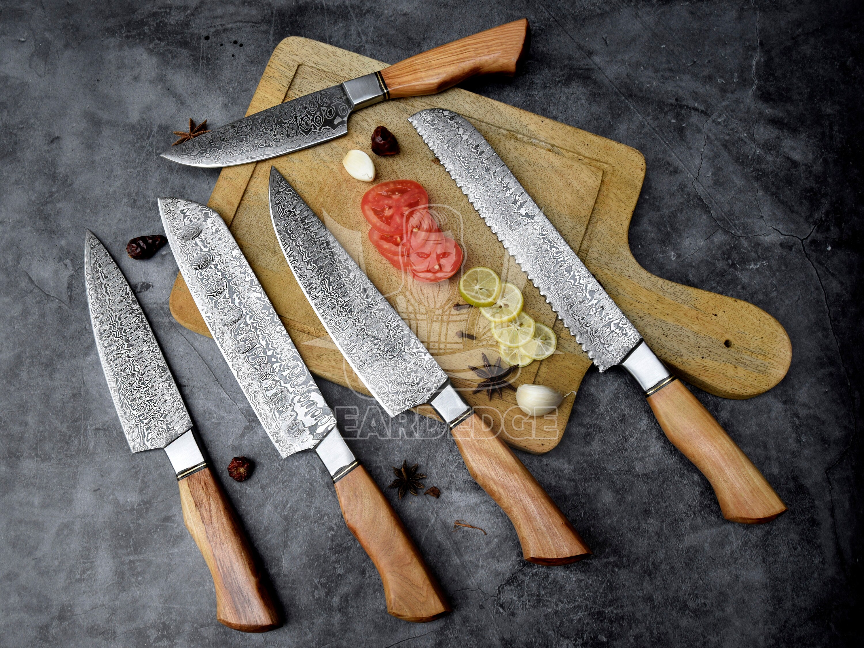 Set of 7 Kitchen Knives Handmade in Germany - Rust Free - Olive Wood Handle