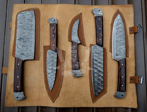 Custom Handmade Damascus steel chef/Kitchen knife set of 5 PCS with Le