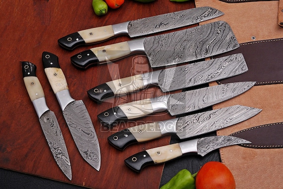 Damascus Chef Knife Set 8pcs With Unique Bone Handles Kitchen