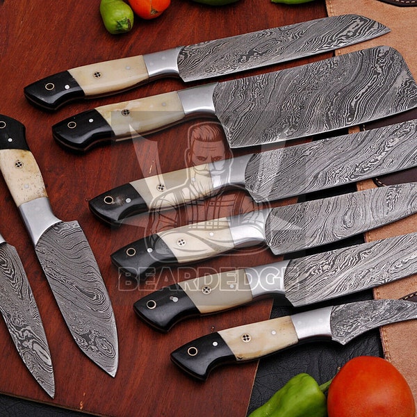Ensemble de couteaux de chef Damas 8 pièces avec poignées en os uniques couteaux de cuisine ensemble de couteaux de barbecue cadeau personnalisé cadeau d'anniversaire cadeau de Noël pour lui