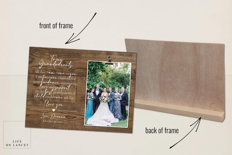 a wooden picture frame with a picture of a wedding party