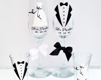 Personalized Wedding Champagne Flute and Shot Glass Set | Bride and Groom Gift