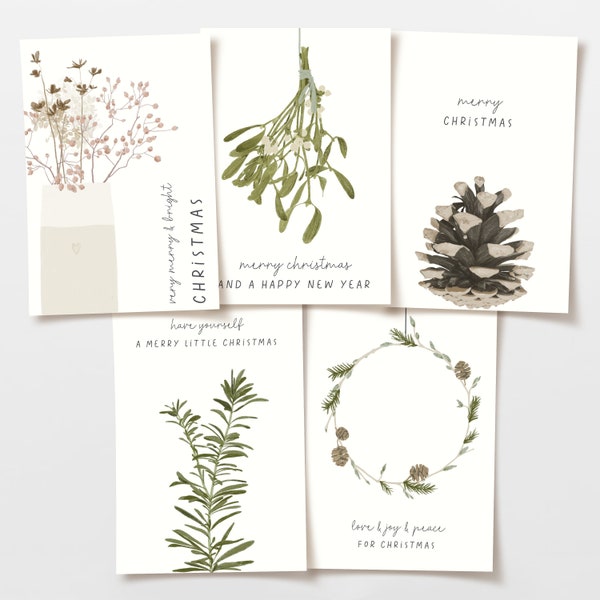 Postcard set 5 Christmas cards, Merry Christmas, Christmas wreath, mistletoe, pine cones, pendant Christmas gift, FSC paper