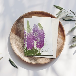 Biglietto pieghevole fiori viola grazie, biglietto pieghevole e busta, biglietto di ringraziamento, disegno botanico disegnato a mano, biglietto di auguri, carta FSC