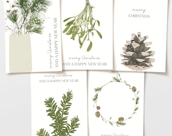 Set van 5 kerstkaarten, vaas, maretak, dennentakken, dennenappels, krans, handgetekende illustraties