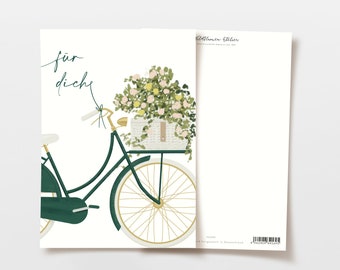 Postkarte für dich Fahrrad mit Blumen Nostalgie, handgezeichnete botanische Zeichnung, Geburtstag Karte, Grußkarte, FSC Papier