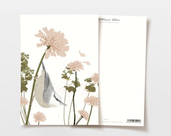 Postkarte rosa Blumen und Kleiber, handgezeichnete botanische Zeichnung, Danke Karte, Karte Geburt, Postkarte Geburtstag, FSC Papier