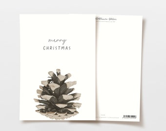 Weihnachtskarte Tannenzapfen mit Lettering, Frohe Weihnachten, Postkarte Spruch, handgezeichnete botanische Zeichnung, FSC Papier