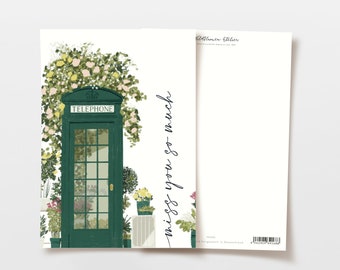 Postkarte englische Telefonzelle Blumen, handgezeichnete Illustration, Freundschaft, Umzug, Trauerkarte, Abschied, vermiss dich, FSC Papier