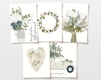 POSTCARD SET 5 Wedding Greetings / Card Set for Wedding and Gifts with Flowers, FSC Certified & Eco-Friendly