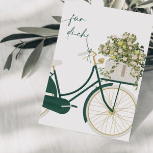 Carte postale pour vous vélo avec fleurs nostalgie, dessin botanique dessiné à la main, carte d'anniversaire, carte de voeux, papier FSC