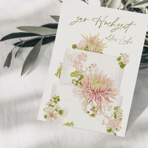 Gâteau de carte postale pour le mariage avec des fleurs, dessin botanique dessiné à la main, cadeau de fête de mariage de carte postale, carte de voeux, papier FSC