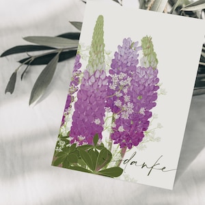Cartolina fiori viola grazie, disegno botanico disegnato a mano, biglietto di ringraziamento, detti da cartolina, biglietto di auguri, carta FSC