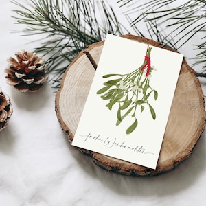 Weihnachtskarte Mistelzweig Frohe Weihnachten, nostalgische Weihnachten, handgezeichnete botanische Zeichnung, schlichte Karte, FSC Papier