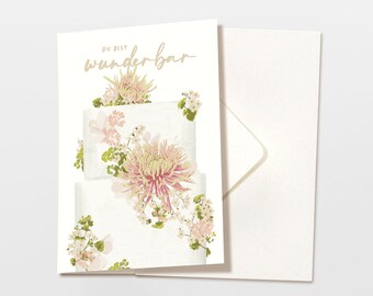 Carte pliante Gâteau aux fleurs 'Tu es merveilleux' avec enveloppe, paroles de carte, carte d'anniversaire, dessin botanique, carte de vœux, papier FSC