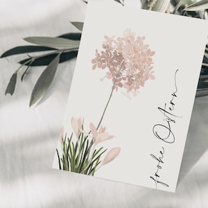 Carte postale de Pâques fleurs roses, dessin botanique dessiné à la main avec dicton, salutation de Pâques respectueuse de l'environnement, papier FSC