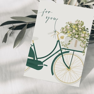 Cartolina per la tua bicicletta con fiori, carta regalo compleanno, biglietto di auguri grazie piccoletto, illustrazione disegnata a mano, carta FSC