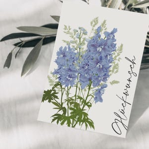 Carte postale fleurs félicitations bleu, dessin botanique dessiné à la main, carte postale anniversaire, carte mariage, carte de voeux, papier FSC