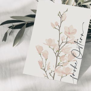 Ostern Postkarte rosa Magnolie, handgezeichnete botanische Zeichnung mit Spruch, umweltfreundlicher Ostergruß, FSC Papier