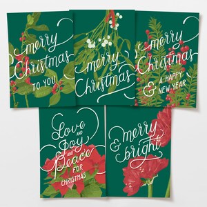 Postkarten-Set 5 extradicke Weihnachtskarte mit Mistelzweig, Tannenzweigen, roten Beeren, Weihnachtsstern und Amaryllis