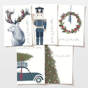 Set di cartoline 5 cartoline di Natale, Buon Natale, ghirlanda di Natale, albero di Natale, disegno botanico disegnato a mano, carta FSC