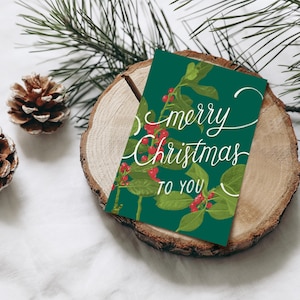 Cartolina extra spessa Buon Natale, rami di leccio con bacche rosse, scritte cartoline di Natale, etichette regalo