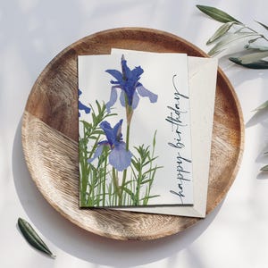 Tarjeta de cumpleaños plegable con flores silvestres azules, tarjeta de cumpleaños con sobre