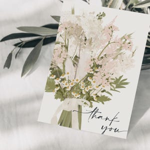 Carte postale bouquet de fleurs merci, carte de voeux merci, carte de remerciement, dessin botanique dessiné à la main, papier FSC