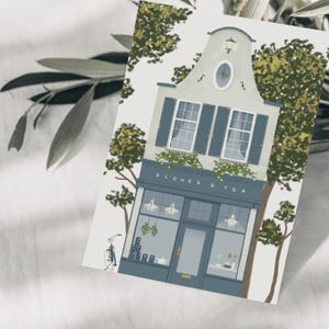 Postkarte Café im Amsterdam Stil, handgezeichnete botanische Zeichnung, Englisches Tea House, Freundschaft Karte, Grußkarte, FSC Papier