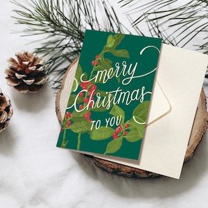 Biglietto pieghevole extra spesso Buon Natale, rami di leccio bacche rosse, con busta, biglietto di Natale con scritte disegnate a mano