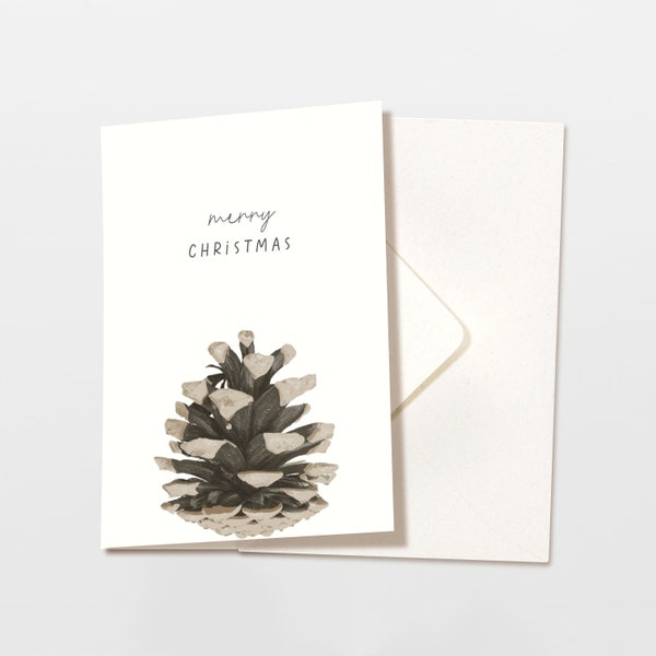 Weihnachtskarte Tannenzapfen mit Lettering, Klappkarte mit Umschlag, Frohe Weihnachten, handgezeichnete botanische Zeichnung, FSC Papier