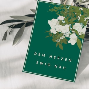 Postkarte Trauerkarte weiße Blumen, dem Herzen ewig nah, handgezeichnete botanische Zeichnung, Kondolenz Karte, Beileidskarte, FSC Papier