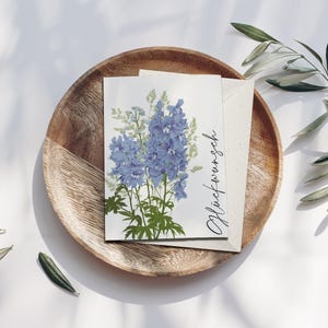 Biglietto pieghevole fiori congratulazioni blu, biglietto pieghevole e busta, cartolina compleanno, disegno botanico disegnato a mano, carta FSC