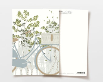 Postkarte Fahrrad mit Bäumen und Skyline, handgezeichnete botanische Zeichnung, Freundschaft Karte, Grußkarte, FSC Papier