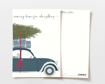 Weihnachtskarte Auto mit Weihnachtsbaum, Postkarte Spruch, Frohe Weihnachten, handgezeichnete botanische Zeichnung, FSC Papier