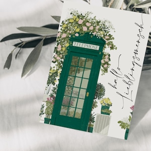 Postkarte englische Telefonzelle Blumen, hallo Lieblingsmensch, handgezeichnete Illustration, FSC Papier