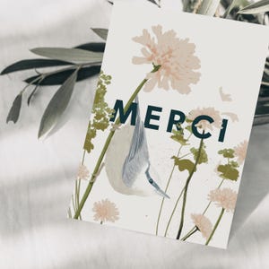 Cartolina Merci fiori rosa e picchi muratori, disegno botanico disegnato a mano, biglietto di ringraziamento, carta FSC