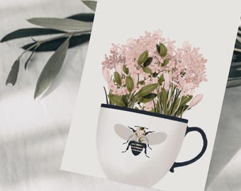Copo postal com flores, ilustração desenhada à mão, papel FSC