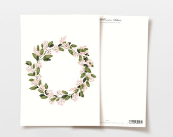 Postkarte Blumen Kranz Rosa Blüten, handgezeichnete botanische Zeichnung, Geburtstag Karte, Hochzeit Karte, Karte Geburt, FSC Papier