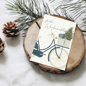 Weihnachtskarte Fahrrad mit Weihnachtsbaum, Postkarte Spruch, Frohe Weihnachten, handgezeichnete botanische Zeichnung, FSC Papier