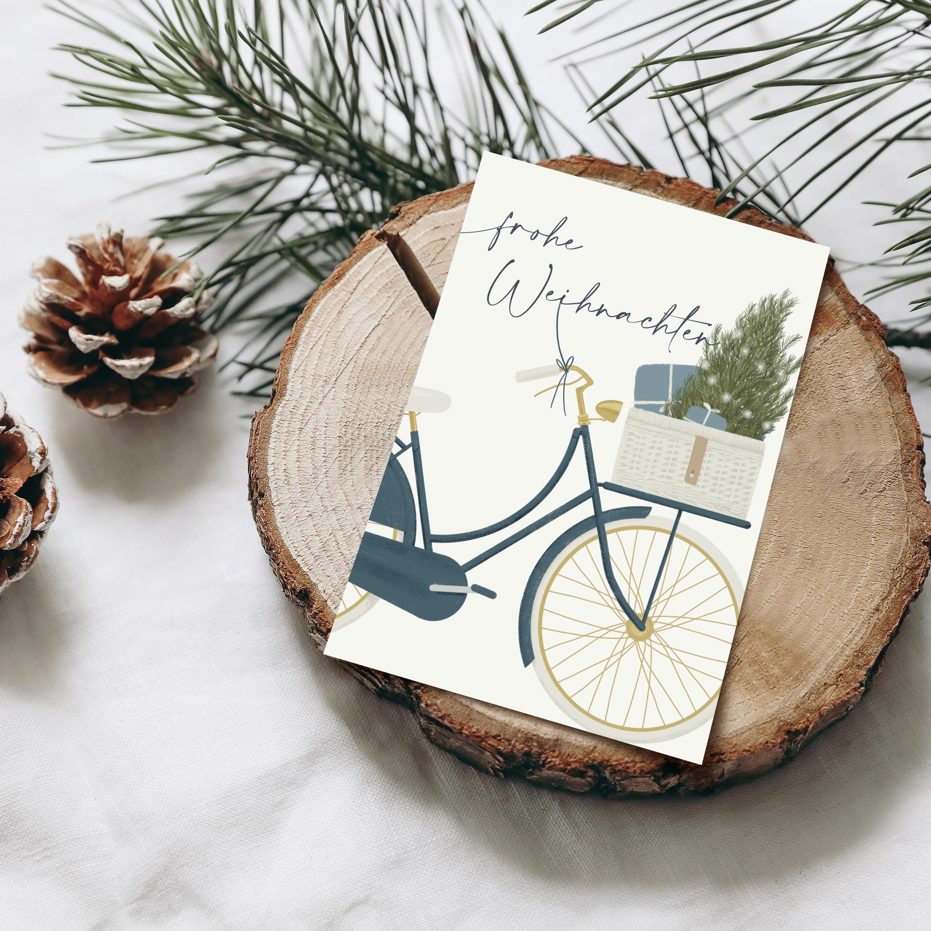 Wee Blue Coo Weihnachtskarte: Trompetenspieler & Fahrrad-Design Auf Nachhaltigem Karton – Persönlich Beschriftbar