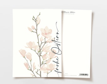 Ostern Postkarte rosa Magnolie, handgezeichnete botanische Zeichnung mit Spruch, umweltfreundlicher Ostergruß, FSC Papier