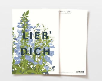 Postkarte lieb dich blaue Wildblumen, handgezeichnete botanische Zeichnung, Postkarte Sprüche, Postkarte Geburtstag, FSC Papier