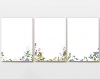 Notizblock-Set Blumen botanische Zeichnung, Dot Grid to-do Block 3x50 Blatt, weiß blaue Illustration, PEFC Papier