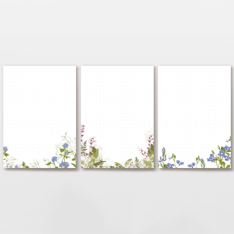 Notizblock-Set Blumen botanische Zeichnung, Dot Grid to-do Block 3x50 Blatt, weiß blaue Illustration, PEFC Papier Bild 1