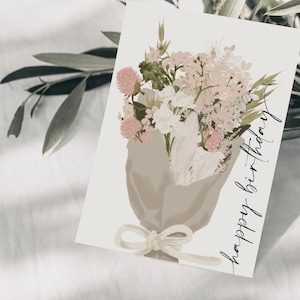 Carte postale bouquet fleurs rose joyeux anniversaire, dessin botanique dessiné main, carte postale anniversaire, carte naissance, papier FSC