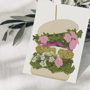 Burger de carte postale avec fleurs, dessin botanique dessiné à la main, anniversaire de carte postale, bon alimentaire, carte de voeux, papier FSC
