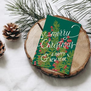 Cartolina extra spessa Buon Natale, rami di abete con bacche rosse, scritte su cartoline di Natale, etichette regalo
