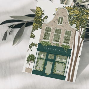Carte postale Cosy Café avec fleurs, dessin botanique dessiné à la main, carte d'amitié, carte de pendaison de crémaillère, carte de vœux, papier FSC