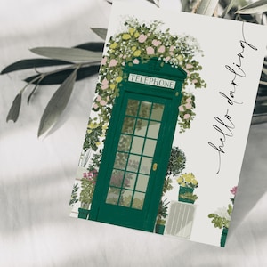 Carte postale fleurs de cabine téléphonique anglaise, bonjour chérie, illustration dessinée à la main, papier FSC